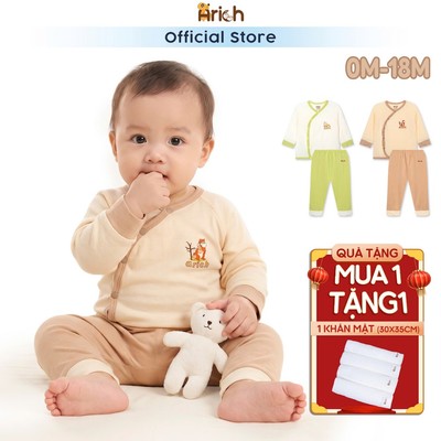 Bộ dài cài lệch  sơ sinh Arich, vải sợi tre petit, mềm, mát cho bé sơ sinh đến 18 tháng
