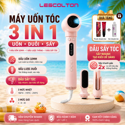 Dụng cụ chăm sóc tóc Nữ Lescolton 3IN1, máy uốn tóc xoăn tự động 32mm + 1 đầu lược chải thẳng và 1 đầu sấy tóc đa năng
