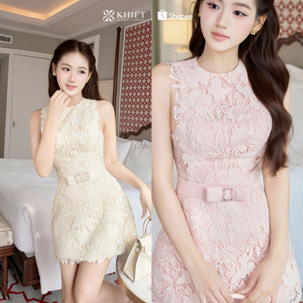 Đầm ren hoa phối dây nơ eo phong cách tiểu thư thanh lịch KD673 KD673A