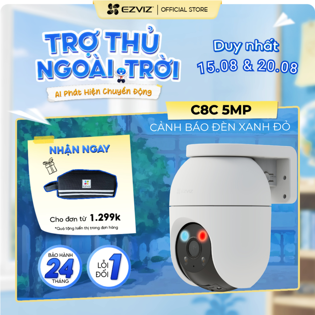 [MỚI] Camera WIFI Ezviz C8C 5MP Cảnh Báo Bằng Đèn Xanh-Đỏ, Chống Chịu Thời Tiết, Tích Hợp AI Phát Hi