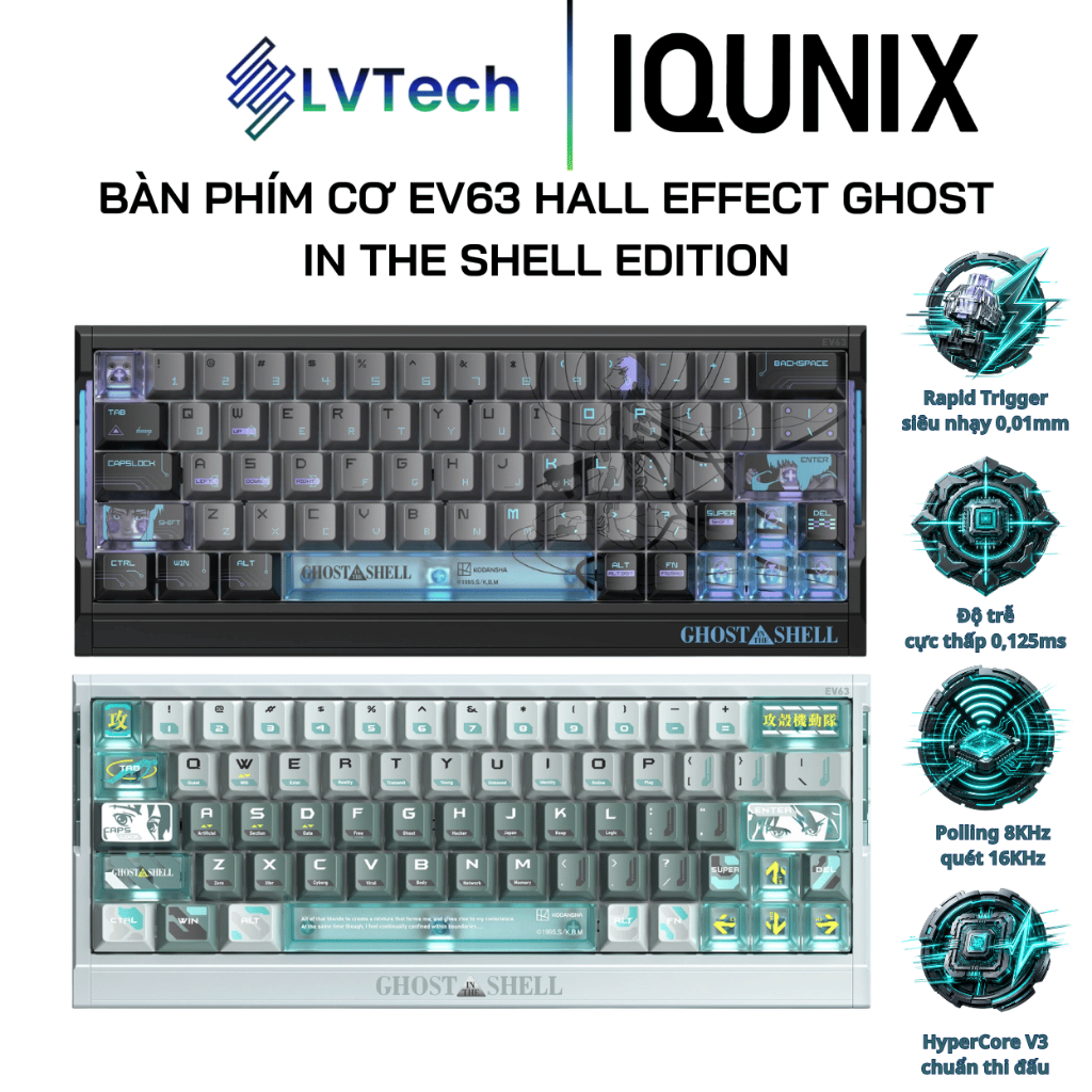 Bàn Phím Gaming Hall Effect IQUNIX EV63 Ghost in the Shell Edition Rapid Trigger 0.01mm 8KHz