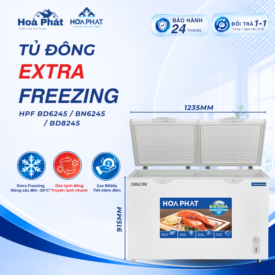 Tủ đông Hòa Phát 245 lít HPF BD6245, BN6245 và BD8245 Inverter 1 ngăn đông 1 ngăn mát 2 cánh dàn đồn
