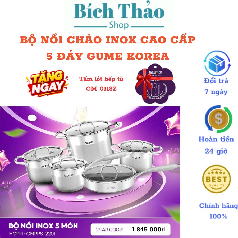 Bộ nồi chảo inox 5 món cao cấp Gume Hàn Quốc Korea 5 đáy dùng cho mọi loại bếp