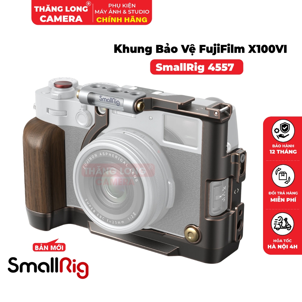 Khung Bảo Vệ SmallRig 4557 Cho Fujifilm X100VI, Tích Hợp Báng Cầm Gỗ, Mở Rộng Phụ Kiện Máy Ảnh