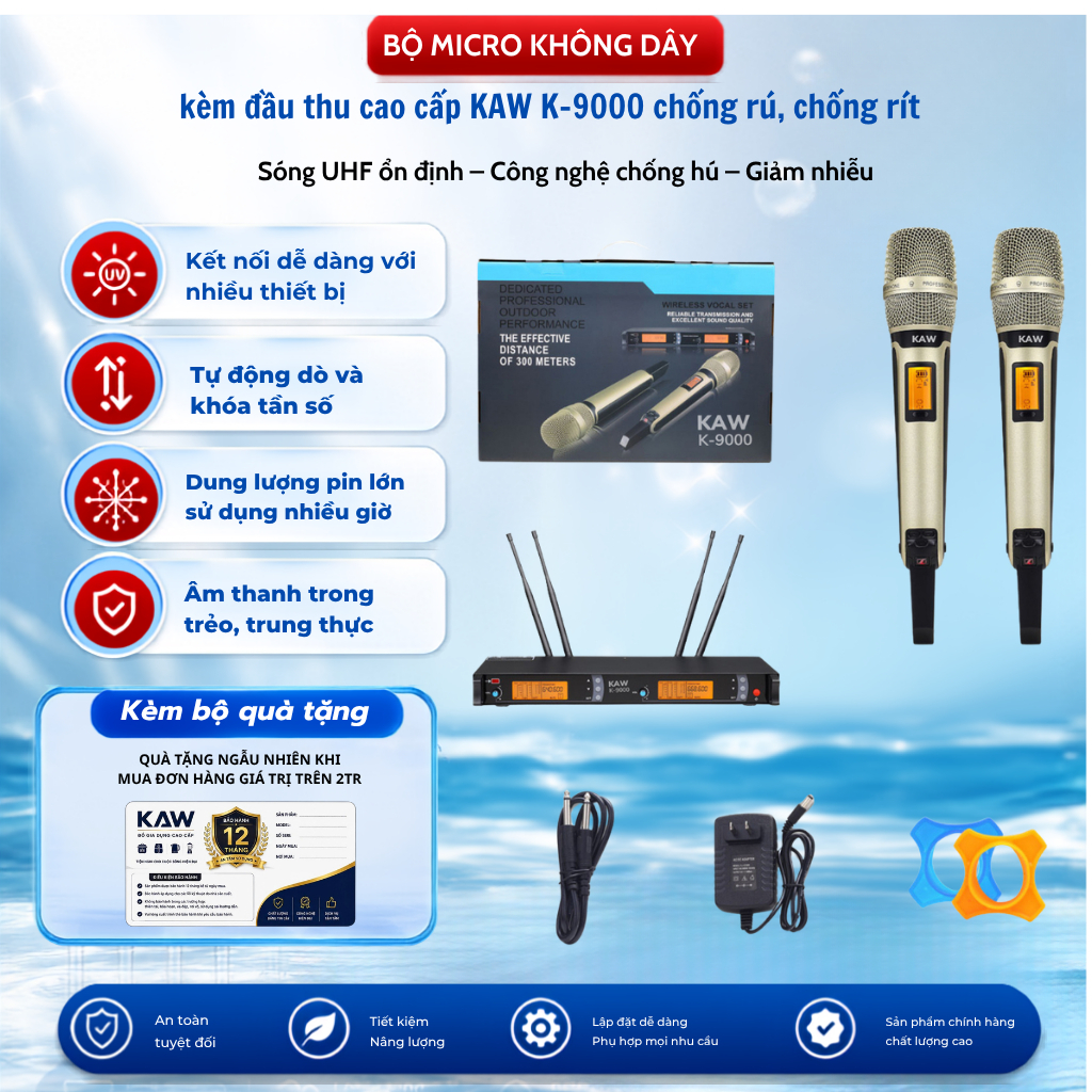 Micro Không Dây Cao Cấp KAW K9000 sóng UHF, chống rú, chống rít - Mic karaoke chuyên nghiệp