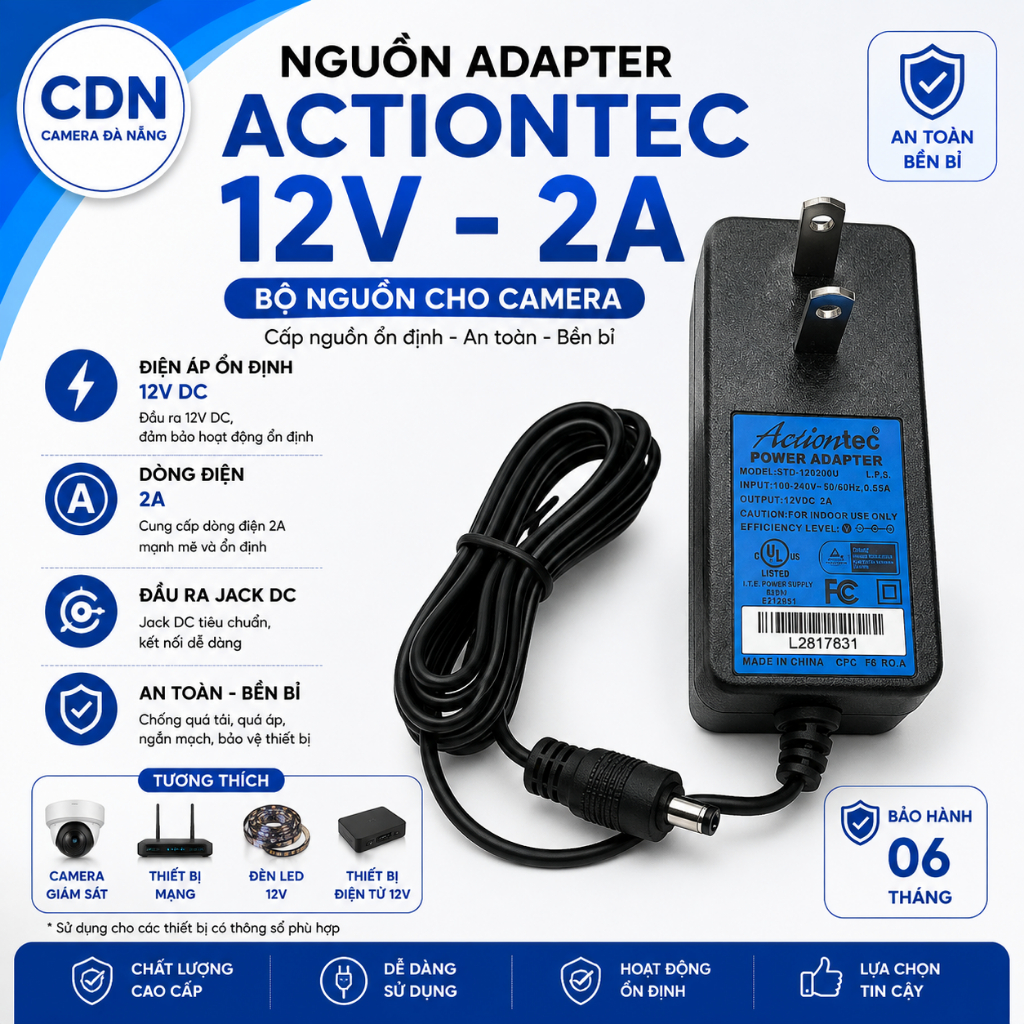 Nguồn Adapter 12V 2A Actiontec Cho Camera – Bộ Nguồn Camera 12V 2A Jack DC