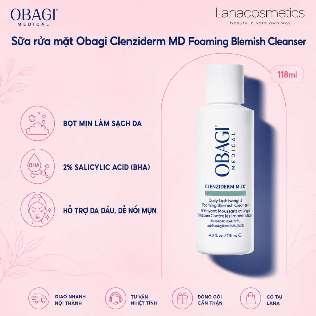 Sữa rửa mặt Obagi 2% BHA Clenziderm MD Daily Lightweight Foaming Blemish Cleanser