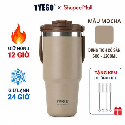 Ly giữ nhiệt Tyeso màu mocha bằng thép không gỉ 304 tay cầm công thái học chống tràn giữ nhiệt 12h