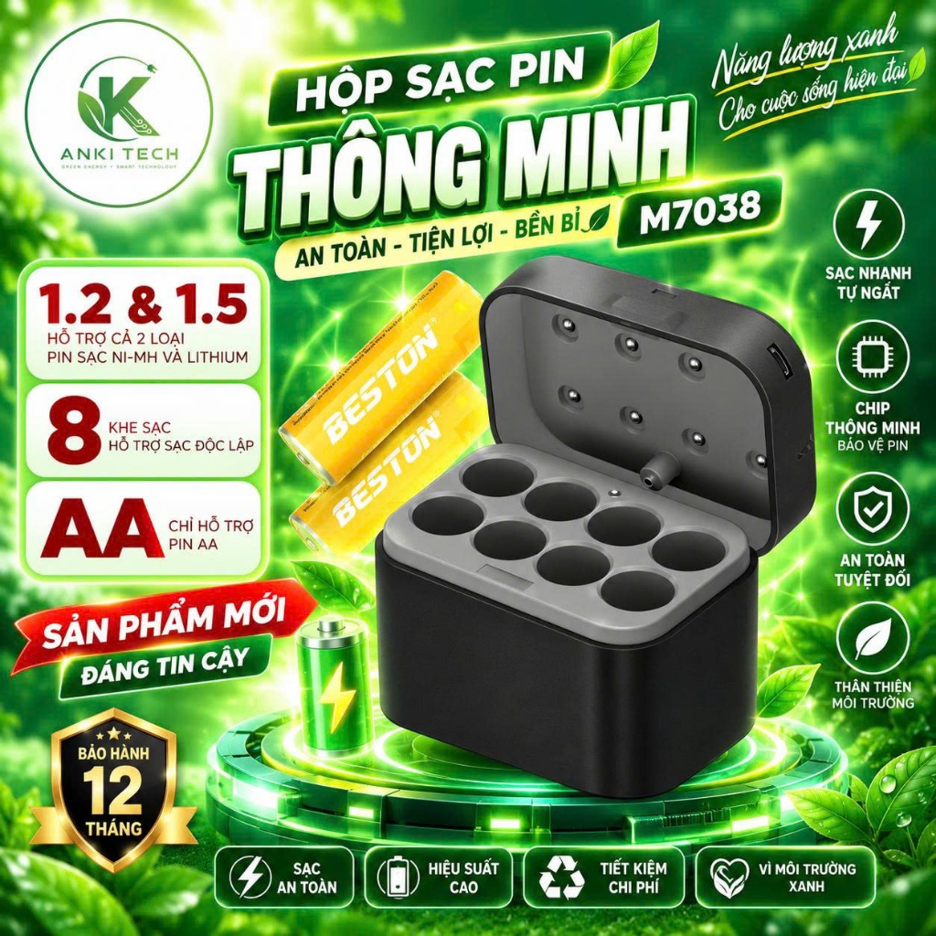 Hộp sạc pin Beston M7038 dành cho cả pin AA 1.2V và 1.5V đèn thông báo sạc tiện lợi theo dõi