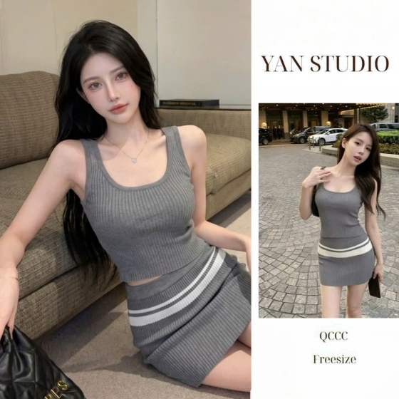 [YAN STUDIO] Set Áo Croptop Sát Nách Và Chân Váy Len Tăm Năng Động 98310AB