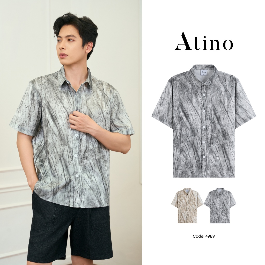 Áo Sơ Mi Nam Ngắn Tay ATINO Form Regular Họa Tiết Nổi Bật, 100% Polyester Thoáng Mát Đứng Form L.2.4