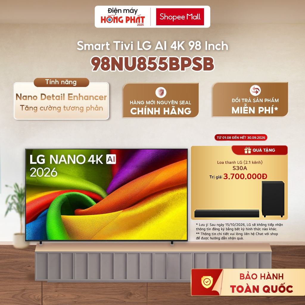 Smart TV LG NANO 4K AI NU85 2026 98 inch 98NU855BPSB {GIÁ MÁY}[FREESHIP HCM]