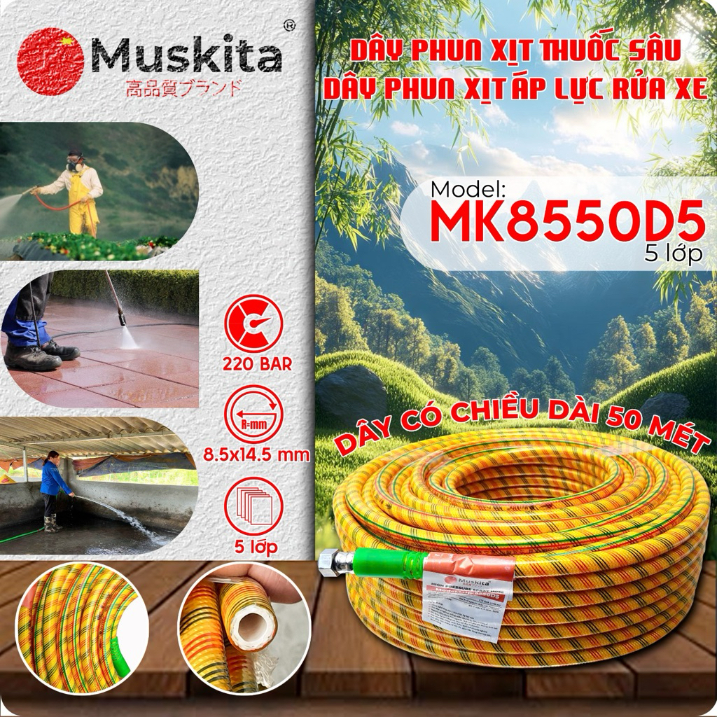 ỐNG DÂY XỊT THUỐC SÂU 8.5MM, CUỘN 50M, 3 LỚP 5 LỚP, PHUN XỊT THUỐC, DÂY RỬA XE ÁP LỰC CAO HIỆU MUSKI