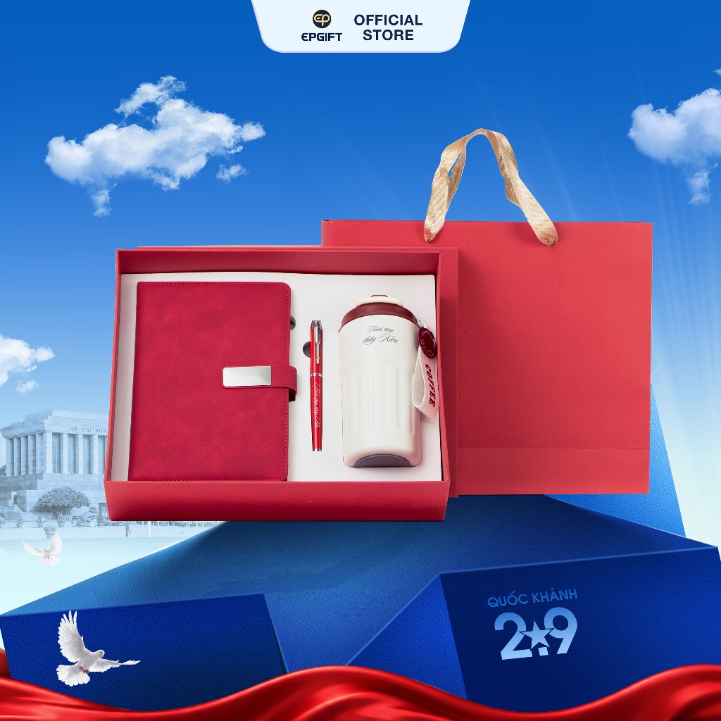 Set quà tặng Sổ, Bút Và Ly Giữ Nhiệt Khắc Tên Epvina Gift Màu Đỏ Tặng Thầy Cô, Doanh Nghiệp