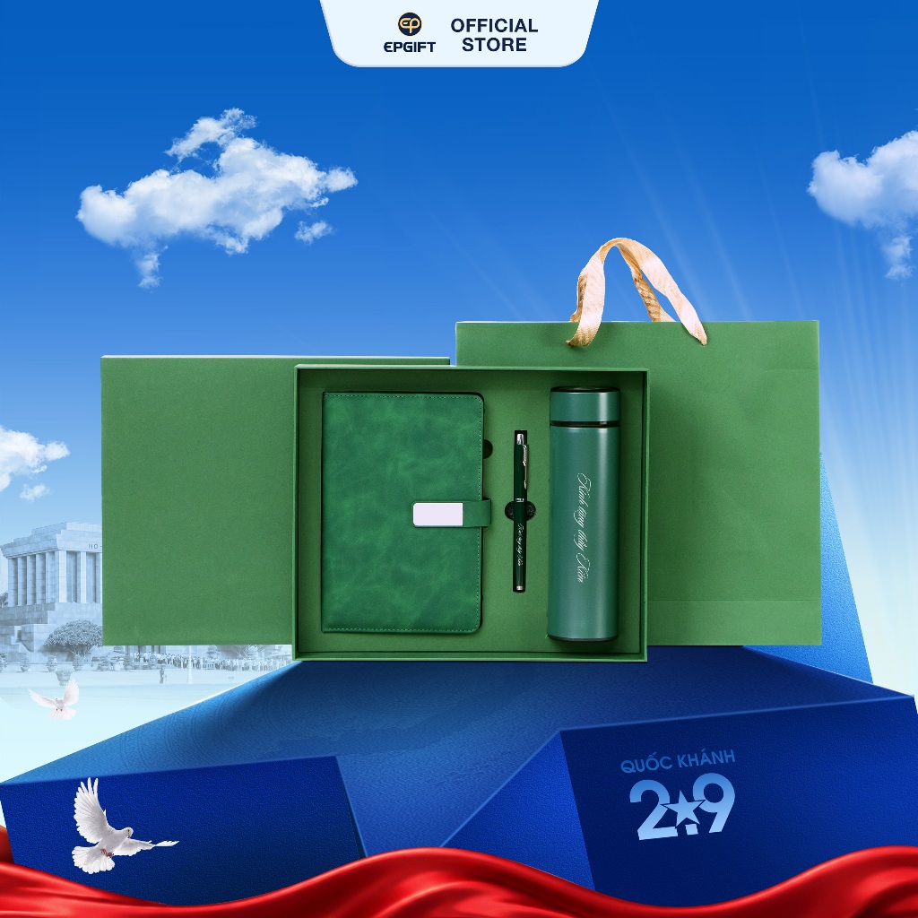 Set Quà Tặng Sổ, Bút Ký, Bình Giữ Nhiệt Khắc Tên Epvina Gift Màu Xanh Lá Tặng Thầy Cô & Doanh Nghiệp