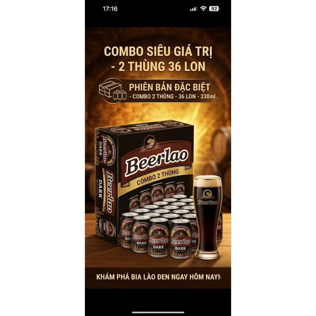 Beer Laos ĐEN thùng 18 lon Deal sốc số lượng giới hạn (chuẩn bia Lào)