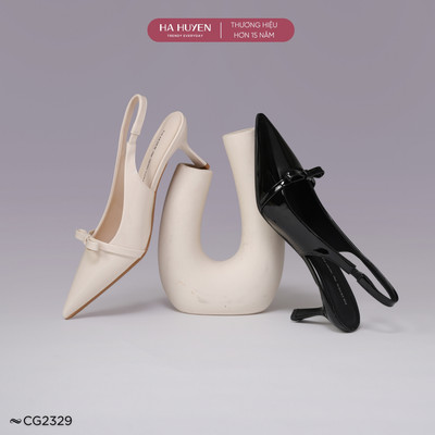 Giày cao gót Slingback nữ HÀ HUYỀN da bóng nơ nhí quai hậu gót nhọn 7cm - CG2329