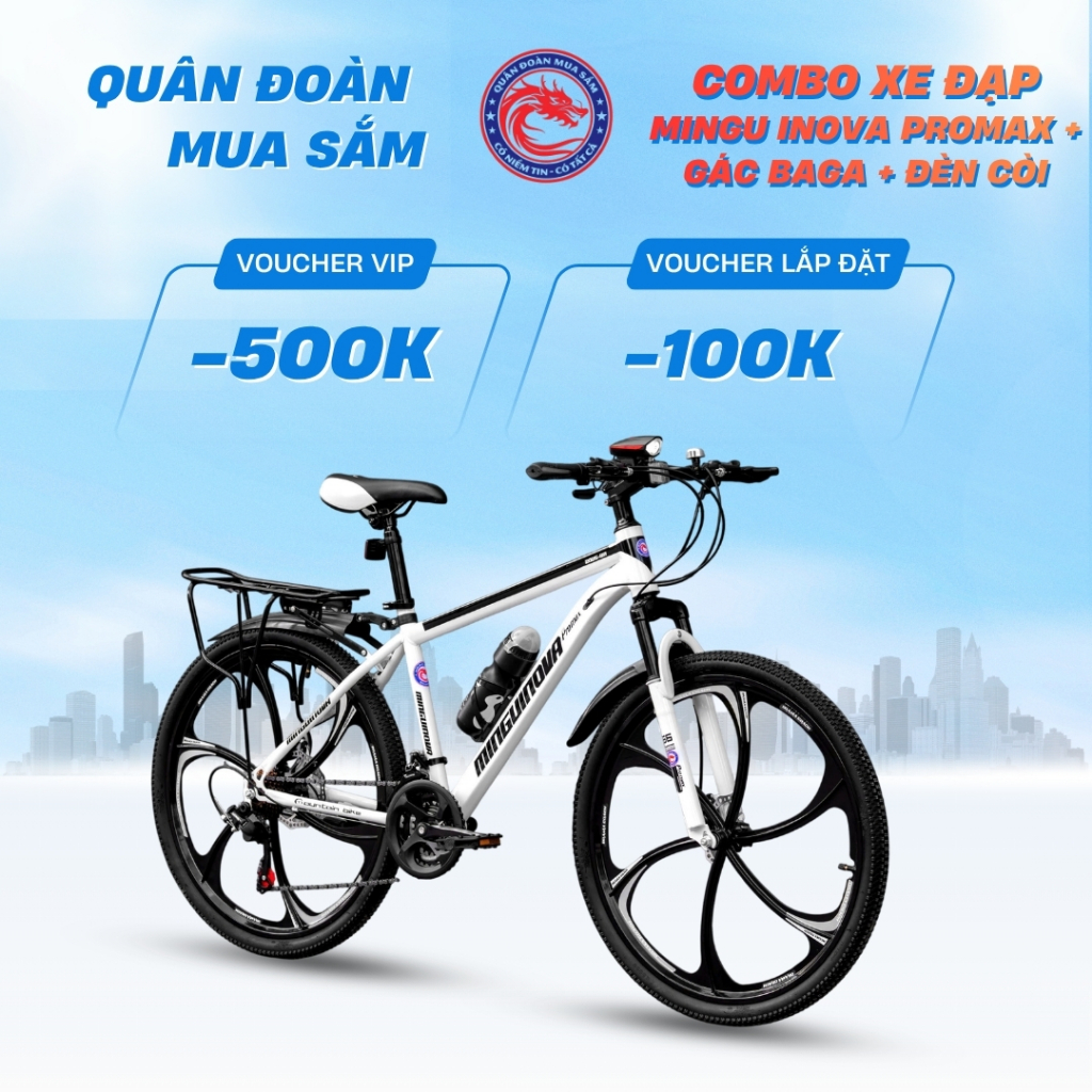 [COMBO FULL OPTION] Xe Đạp Thể Thao Mingu Inova Promax + Đèn Còi Sạc USB + Gác Ba Ga Thép Tải 80kg