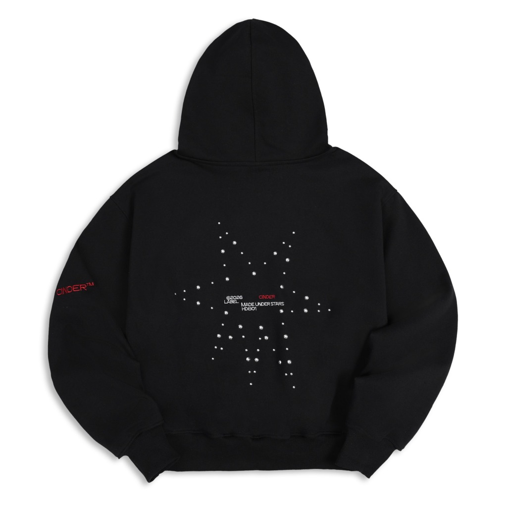CINDER Áo Hoodie Zip Boxy STAR Cinder Đính Đinh Hình Ngôi Sao, Chất Liệu Nỉ Chân Cua (Black)
