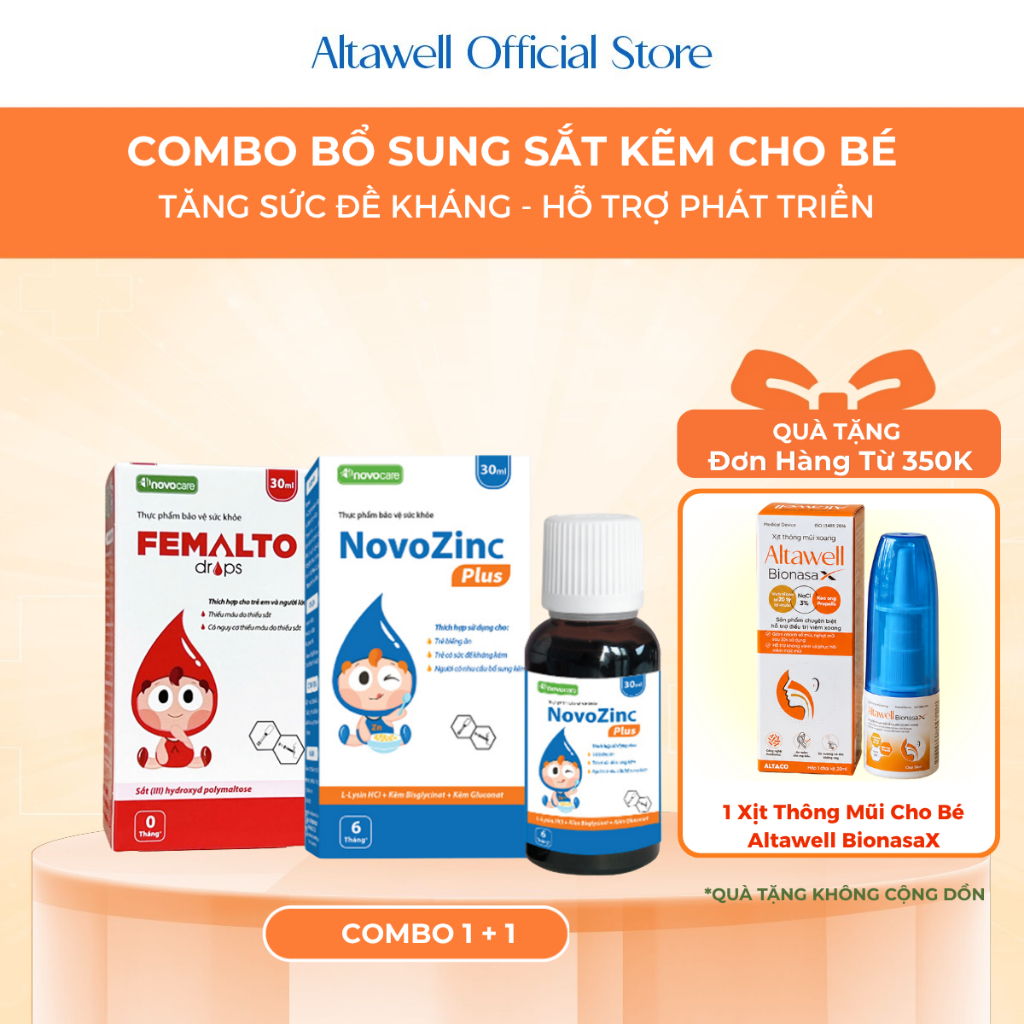 [Chính Hãng] Combo Sắt Kẽm Cho Bé Femalto Drops, NovoZinc Plus Giúp Bé Ăn Ngon, Tăng Đề Kháng - TPBV