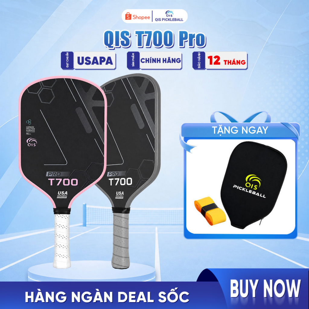 Vợt Pickleball QIS T700 Pro - Mặt Carbon Fiber T700 Siêu Nhám, Mặt Vợt Lớn Điểm Ngọt Rộng, Dễ Chơi