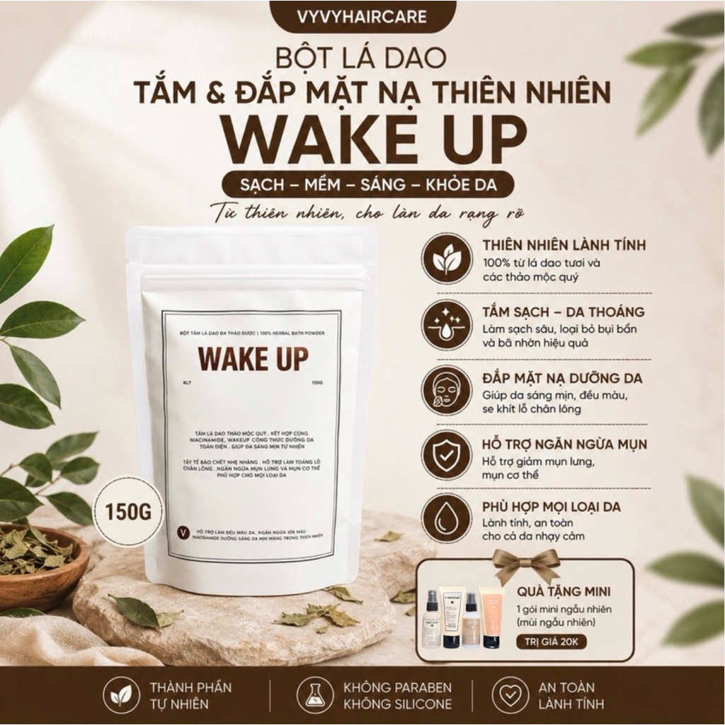 Bột tắm lá dao thiên nhiên herbal bath powder Wake Up sạch mềm sáng khỏe da vyvyhaircare V 150gr