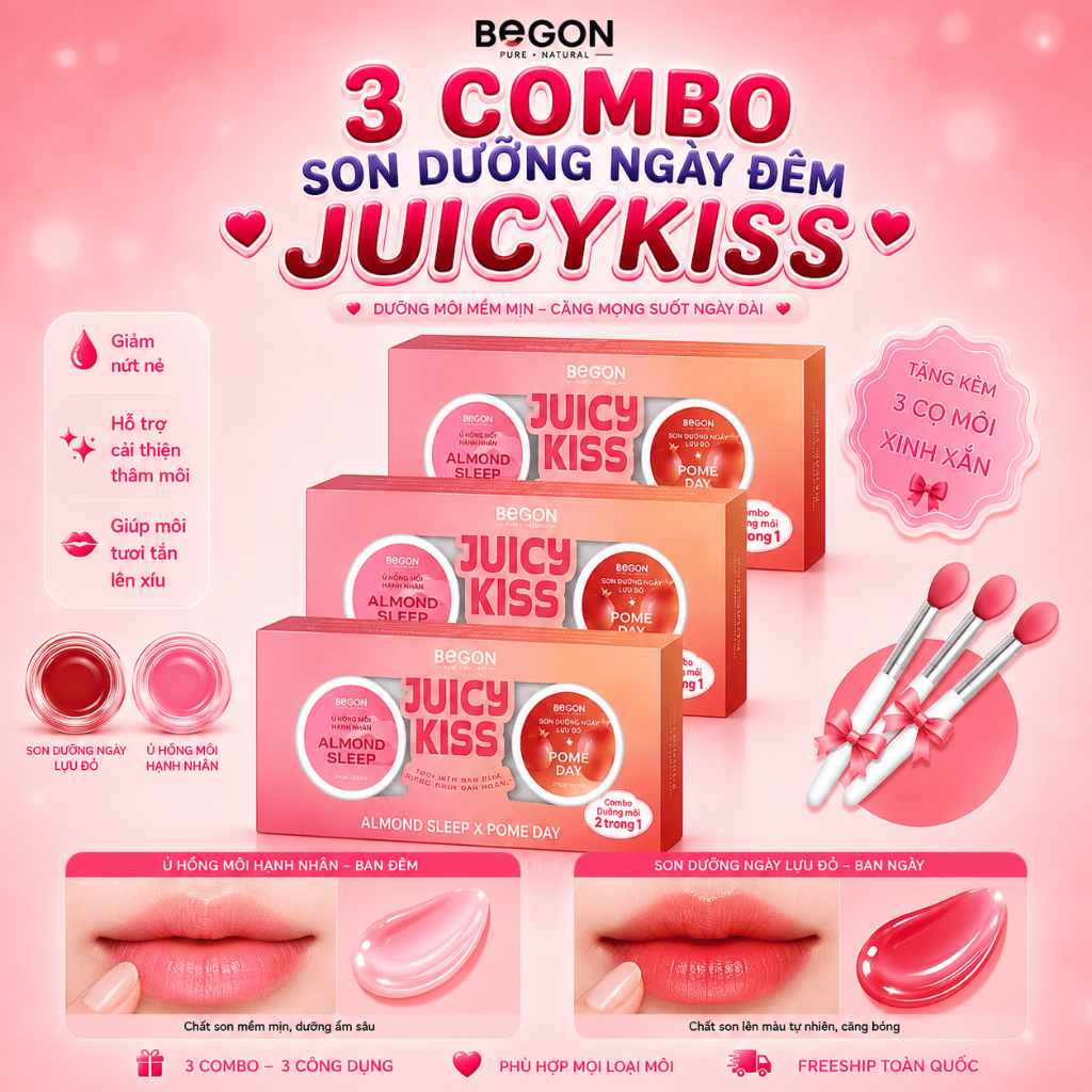 [3 Combo] Son Dưỡng Ngày Đêm Giảm Thâm 2in1 Juicy Kiss , Hỗ Trợ Dưỡng Ẩm, Làm Hồng Môi & Che Thâm | 