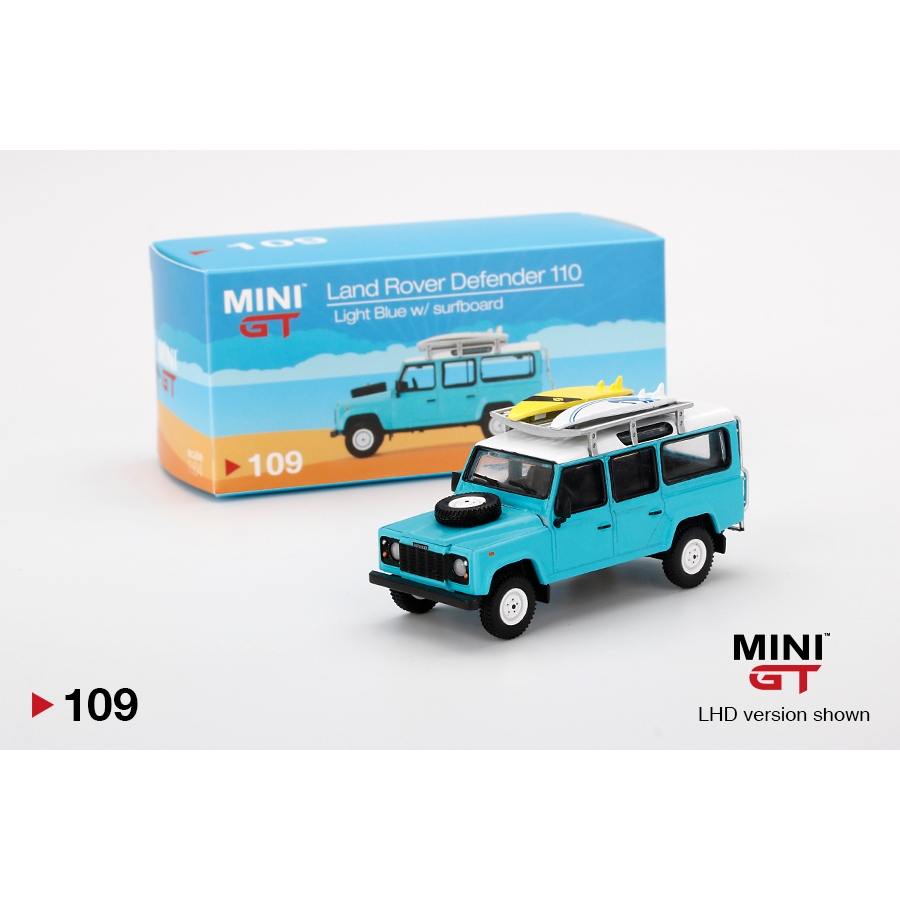 Mô hình xe Land Rover Defender 110 Light Blue w/ Surfboard tỉ lệ 1:64 MiniGT 109