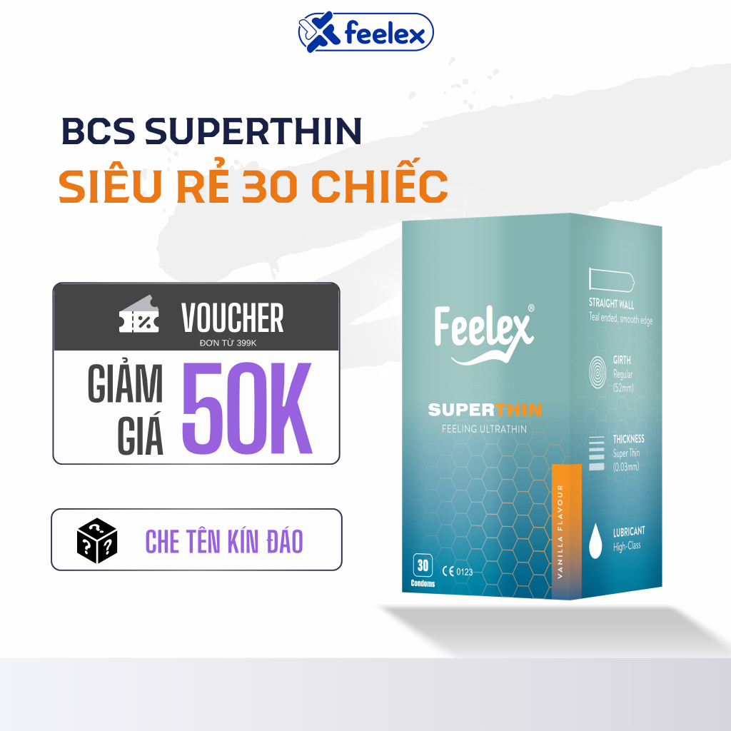 Bao cao su Feelex Superthin siêu mỏng, gân gai, kéo dài thời gian, hộp 30 chiếc siêu tiết kiệm