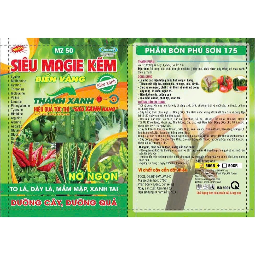 phân bon trung vi  lượng bổ sung magie kẽm cây xanh tức thì biến vàng thành xanh gói 50g,siêu magie 