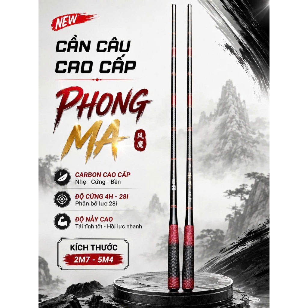 Cần câu tay Phong Ma 4H siêu nhẹ chuyên câu cảm giá size 2m7 - 5m4 Kèm ngọn phụ ( Tặng trục 3260, th