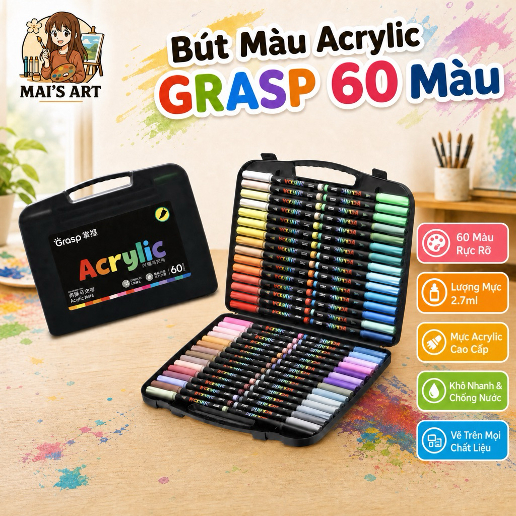Bộ 60 Màu Grasp Acrylic Marker Black Box Ngòi Brush - Lượng Mực 2.7ml Vẽ Mọi Chất Liệu Không Thấm Gi