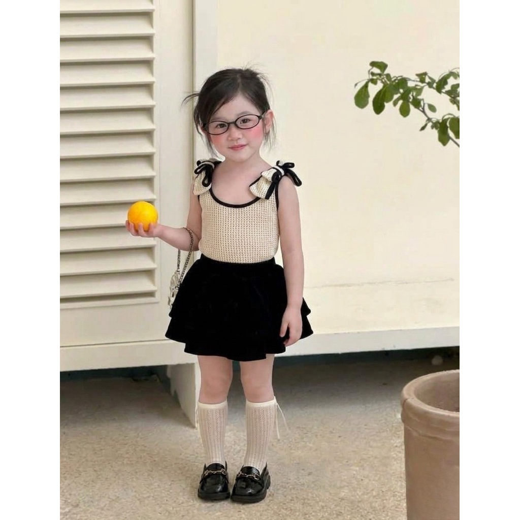 (HÀNG THIẾT KẾ) MH13 Set áo lưới phối nơ vai chân váy nhung 7-40kg