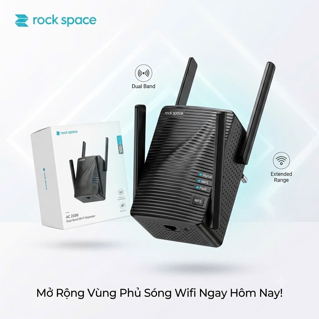 Bộ kích sóng wifi Rock space AC2100 Dual Band Wi-Fi Repeater, 2 băng tần - có cổng LAN