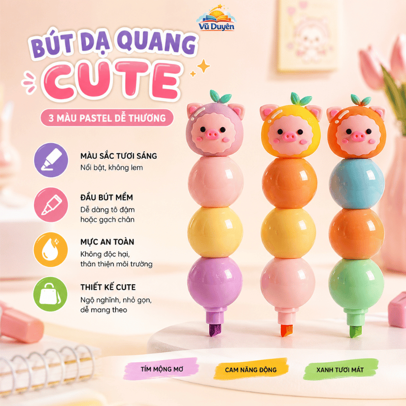 Bút dạ quang, bút đánh dấu highlight học sinh hình chú kỳ lân, bé heo xinh xắn