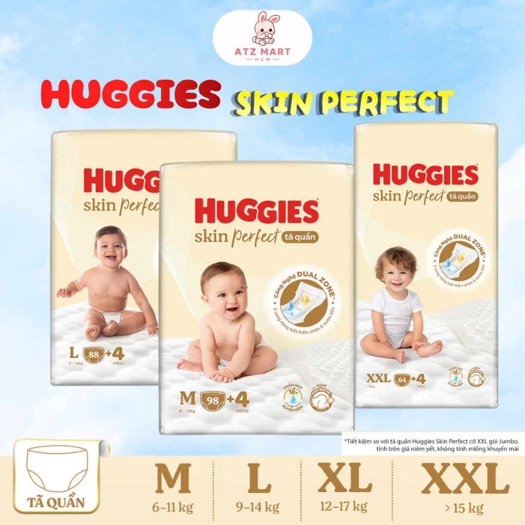 Tã Quần Huggies Skin Perfect Mega Jumbo Chính Hãng 2 Vùng Thấm M98+4/ L88+4/ XL72+4/ XXL64+4- Date mới