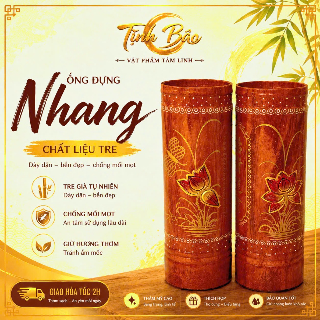 Ống Đựng Nhang Bằng Tre – Hũ Đựng Nhang Họa Tiết Hoa Sen – Tre Dày Dặn, Chống Mối Mọt, Trang Trí Bàn