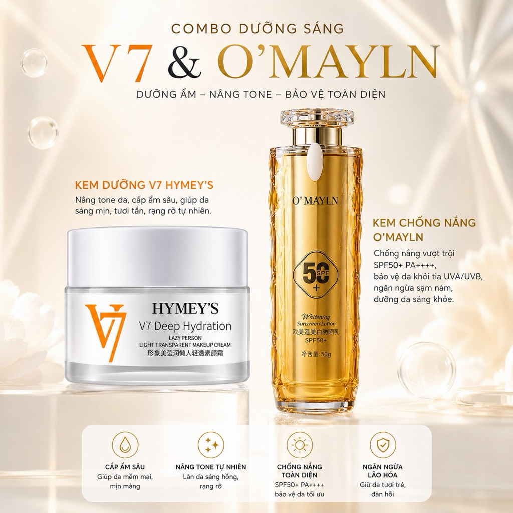 Combo Kem Dưỡng V7 Hymeys & Kem Chống Nắng O'Mayln SPF50+ PA++++ Bảo Vệ Da, Nâng Tone Tự Nhiên