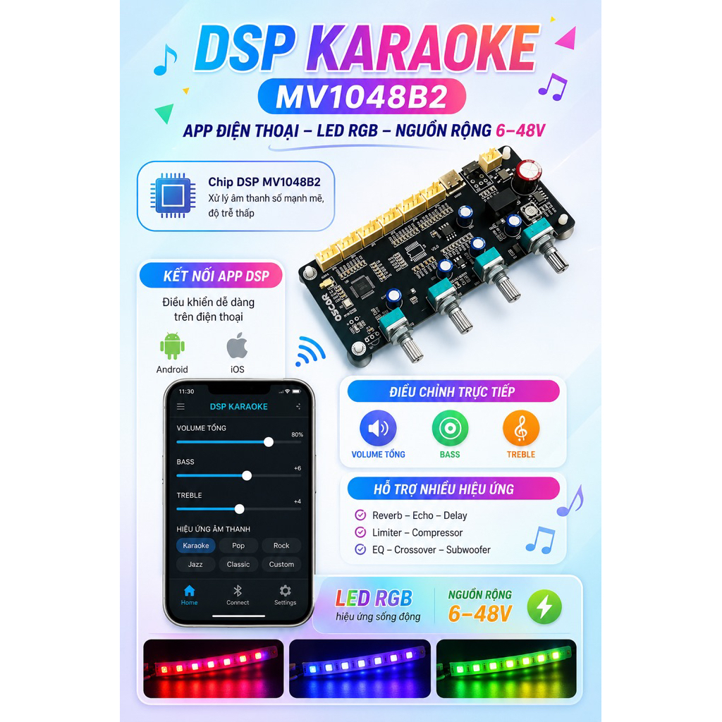Mạch Pre Karaoke tích hợp bluetooth DSP có APP- karaoke MV1048b2