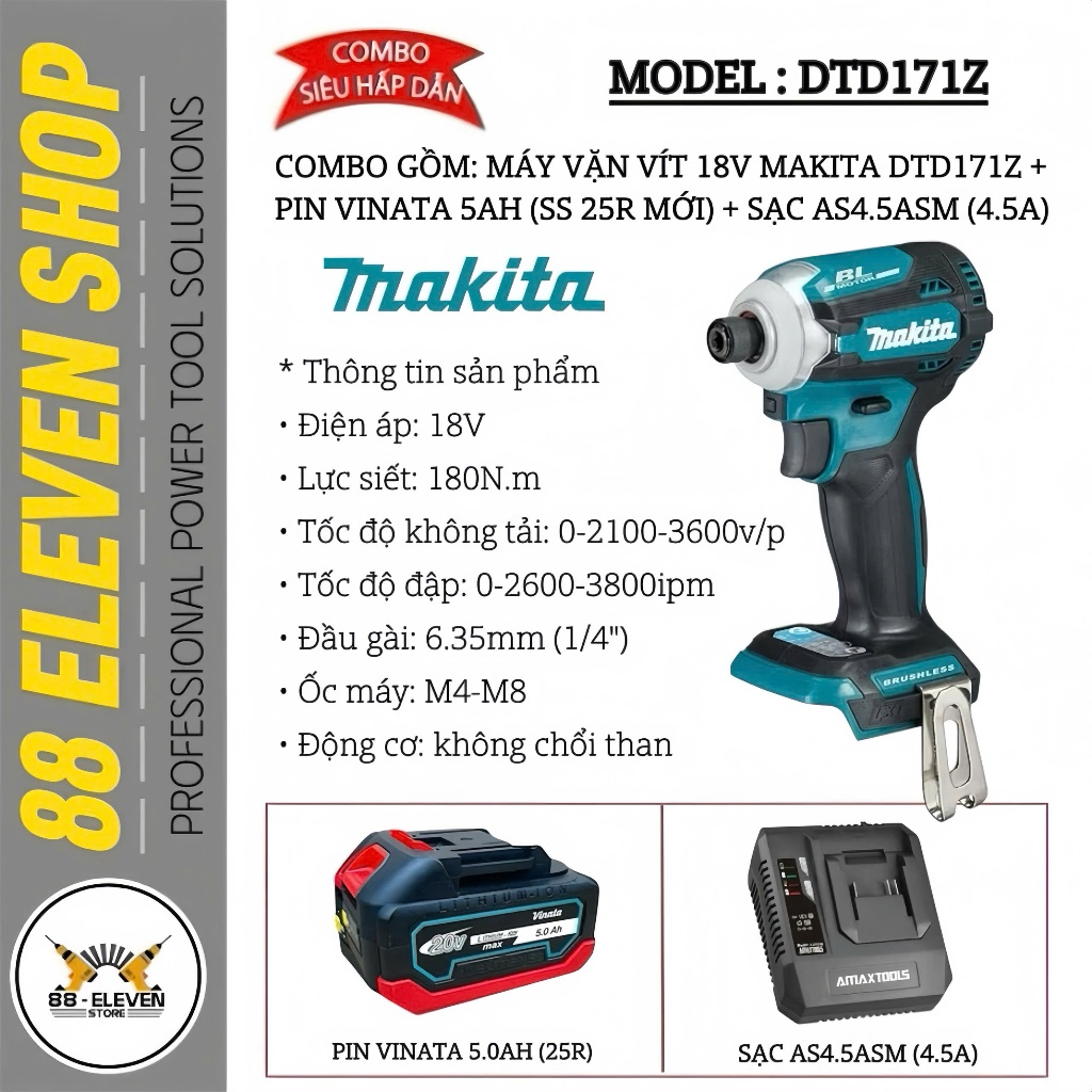 Combo Máy Vặn Vít 18V Makita DTD171Z (Bản 5.0Ah)