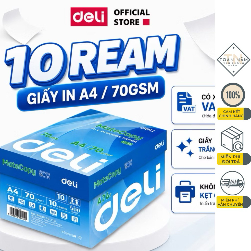 [🔥TRỢ GIÁ] Thùng 10 Ream Giấy A4 Deli Giấy In Photo Copy 70gsm Chính Hãng Loại Dày 500 Tờ/ Ream Chốn