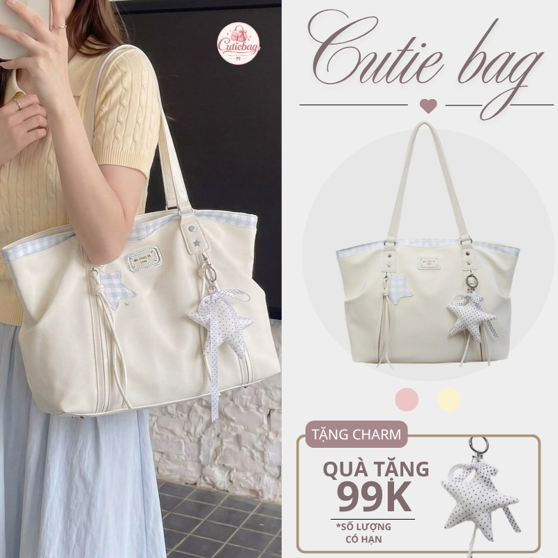Túi tote nữ da Pu cao cấp dung tích lớn có khóa kéo đựng vừa laptop 15.6inch tặng kèm charm sao dễ thương túi đeo vai nữ