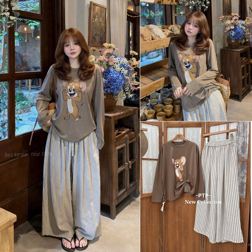 [S2.4476] Set Áo Thun Nâu Dài Tay Hình Chuột Jerry Kèm Quần Suông Kẻ - Ảnh Thật Chính Chủ PTP STORE
