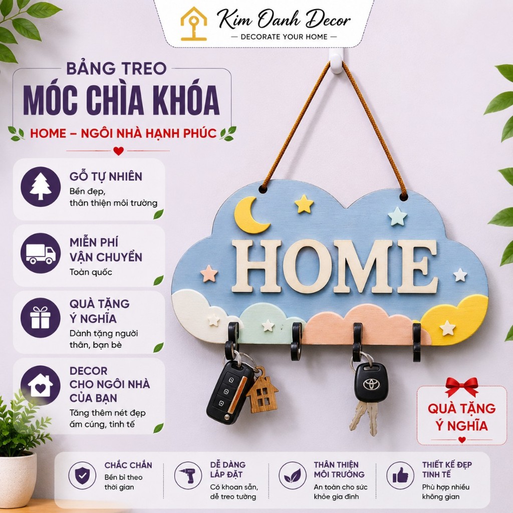 Bảng Treo Móc Chìa Khóa Gỗ Tự Nhiên Hình HOME – Decor Trang Trí Nhà Cửa, Móc Treo Chìa Khóa Handmade