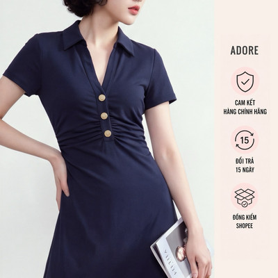 [ ADORE ] Đầm midi be/navy cổ V nhún sườn 611DR2007