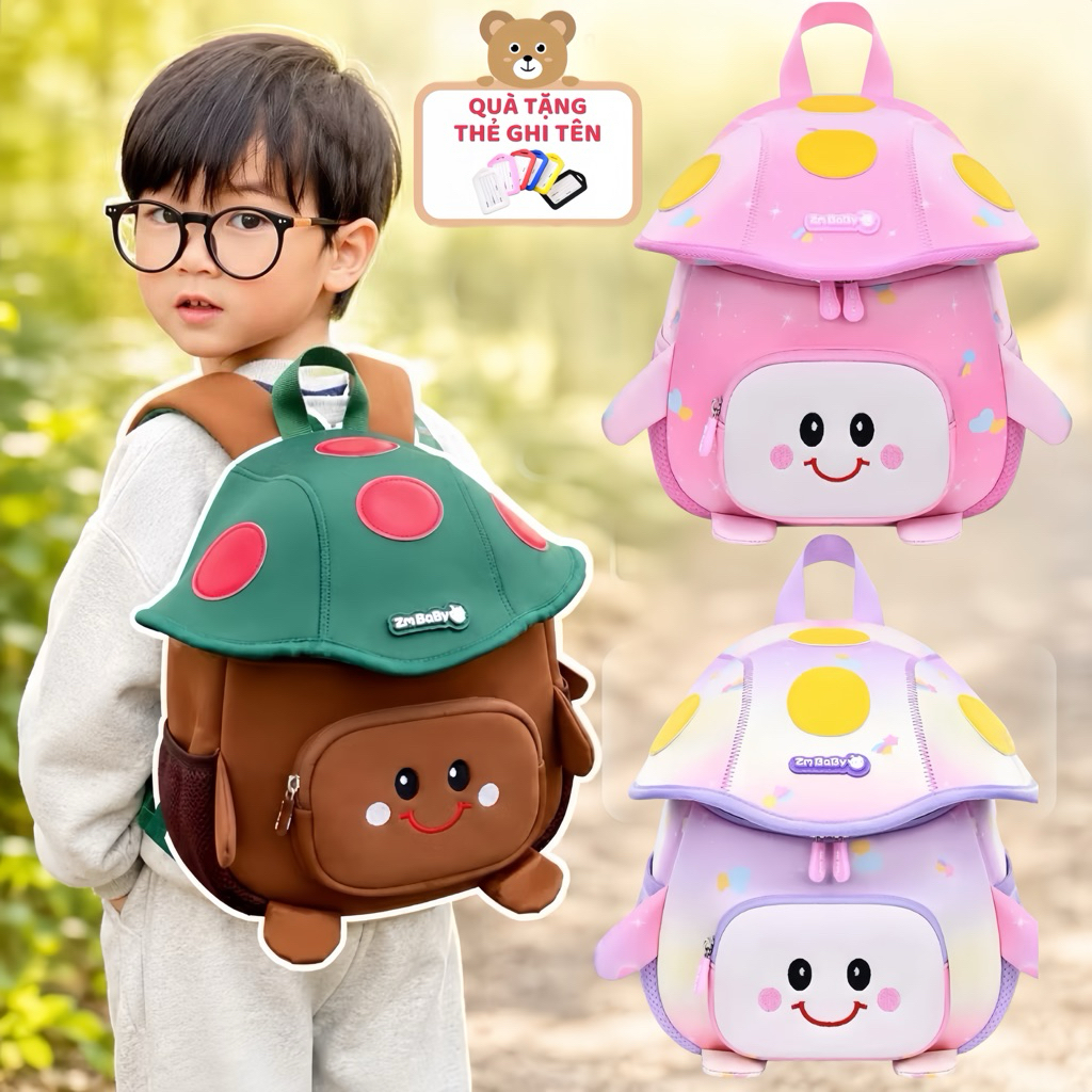 [TẶNG THẺ TÊN] Balo Hoạ Tiết Nấm Thời Trang Zm Baby Cho Bé Mầm Non -Mẫu Giáo - Chất Liệu Cao Cấp