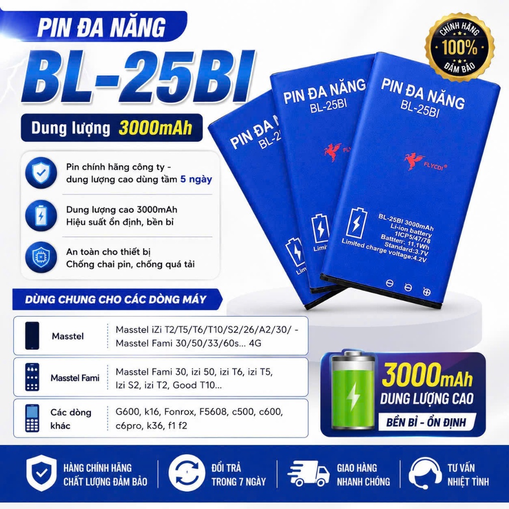 Pin Đa Năng Bl - 25BI, Dung Lượng 3000 mAh, Dùng Cho Masstel iZi T2/T5/T6/T10/S2/26/A2/30/ - Fami 30