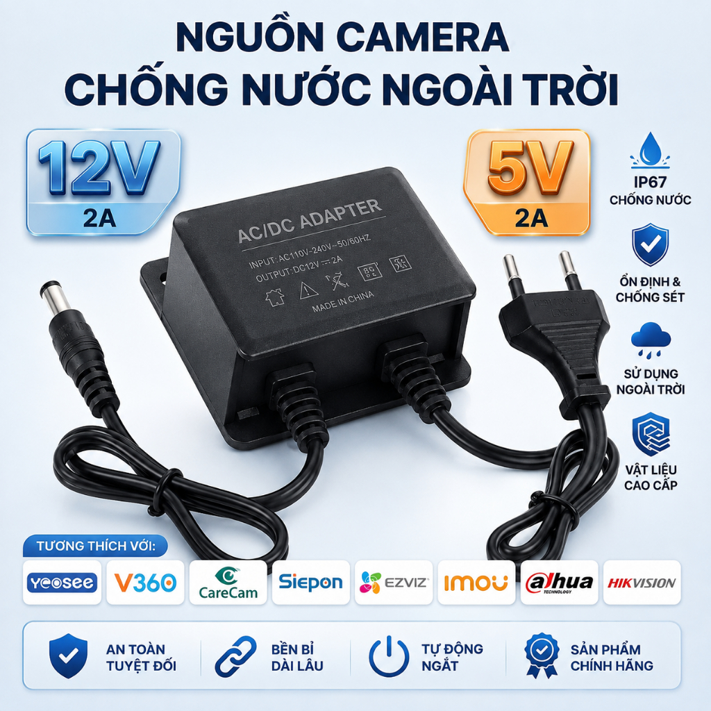 Nguồn Thay Camera IP 12V/5V 2A  Adapter Camera Yoosee V380 V360 CareCam ICSee Siepen Chân 5.5/3.5mm