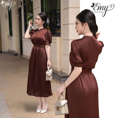 Đầm Thiết Kế EMY Thời Trang Cao Cấp EM9845 Tơ Gân Nâu Đồng Thanh Lịch Dạo Phố