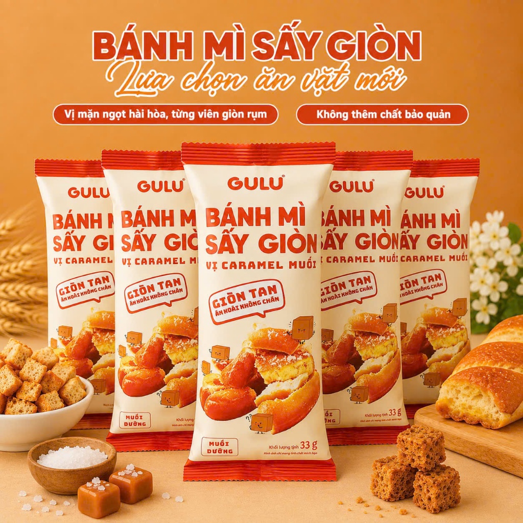 Bánh mì sấy giòn Gulu Foods gói 33gr vị Hoa nhài - Caramen muối - Chanh